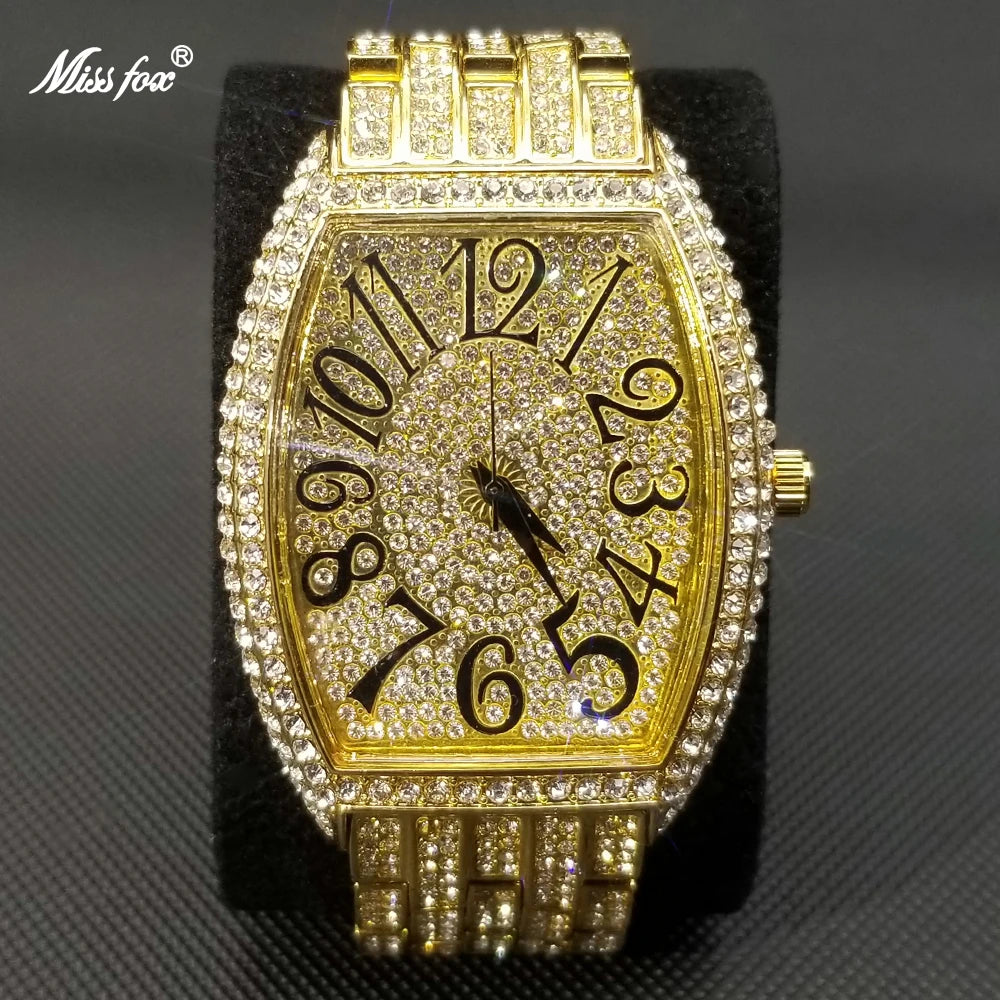 Luxury Ice Out Mens Watches Popular Tonneau Full Diamond Silver