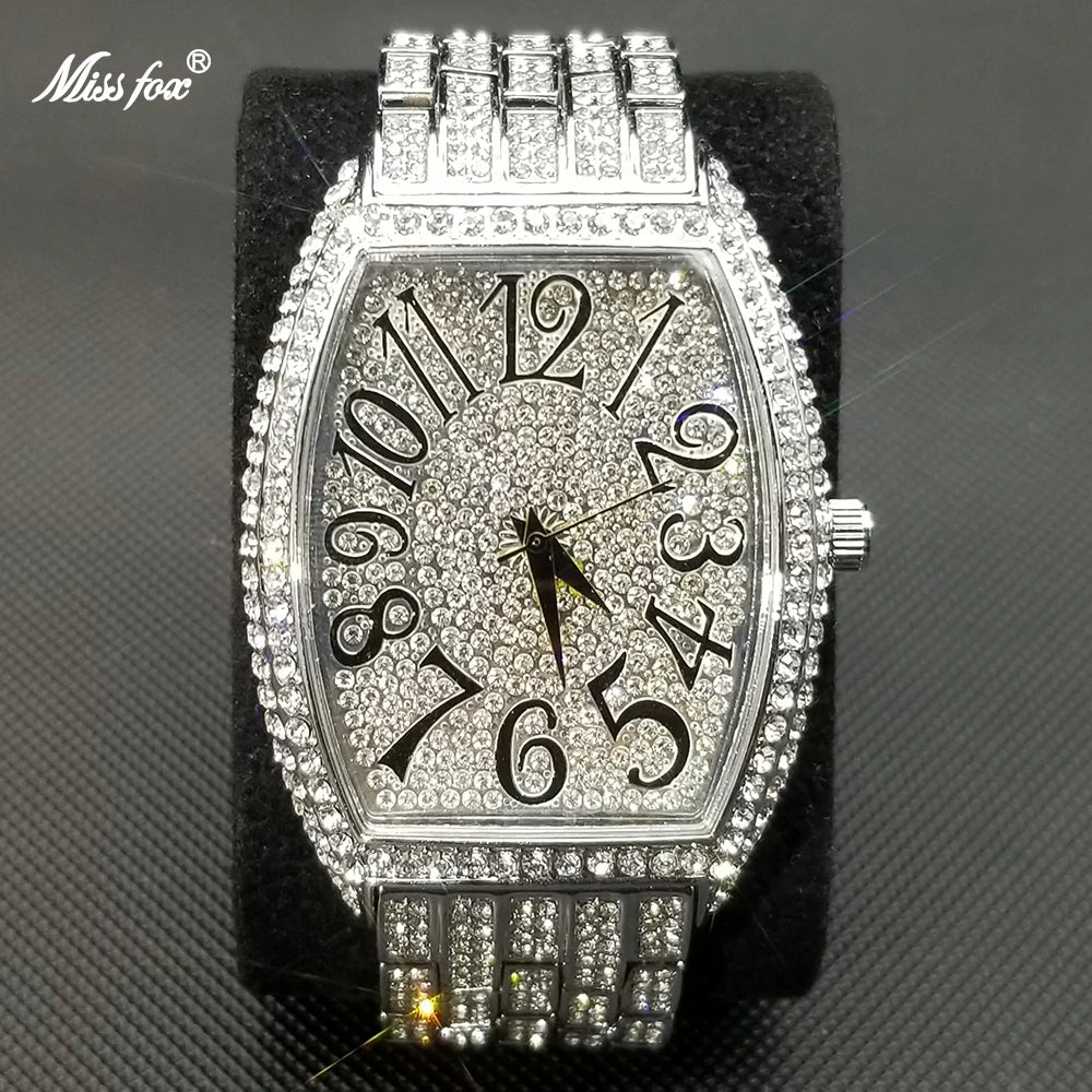 Luxury Ice Out Mens Watches Popular Tonneau Full Diamond Silver