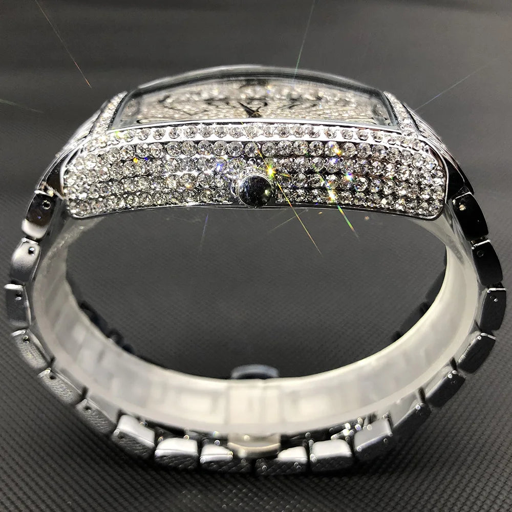 Luxury Ice Out Mens Watches Popular Tonneau Full Diamond Silver