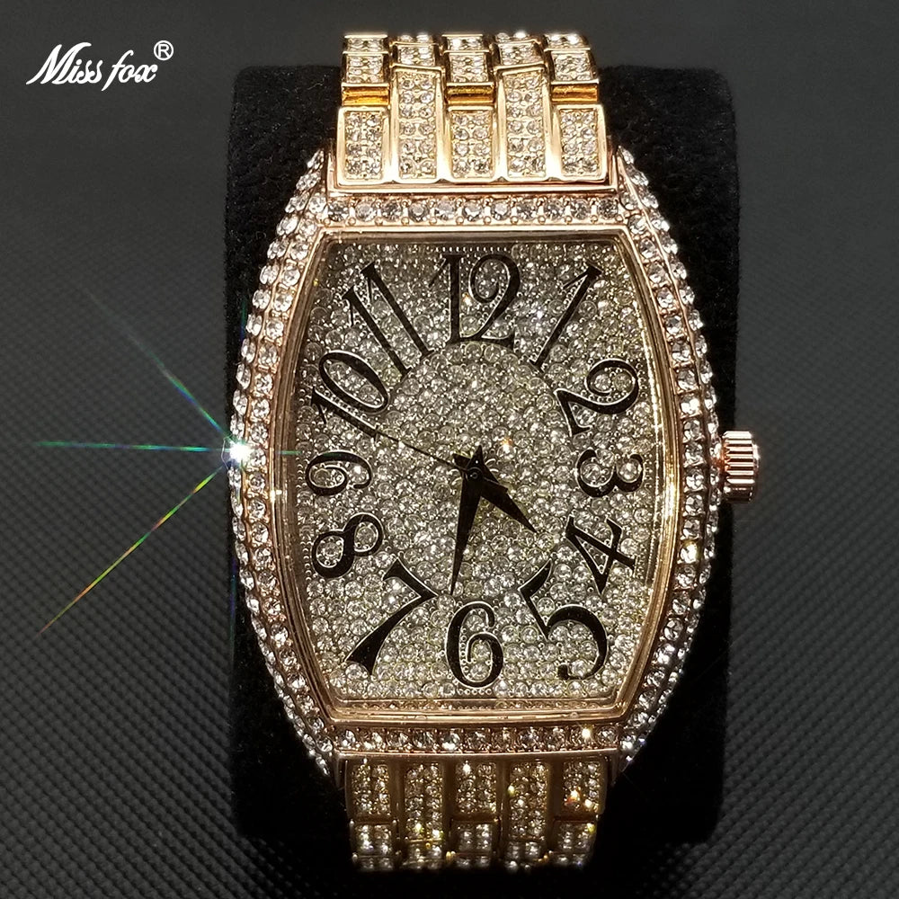 Luxury Ice Out Mens Watches Popular Tonneau Full Diamond Silver