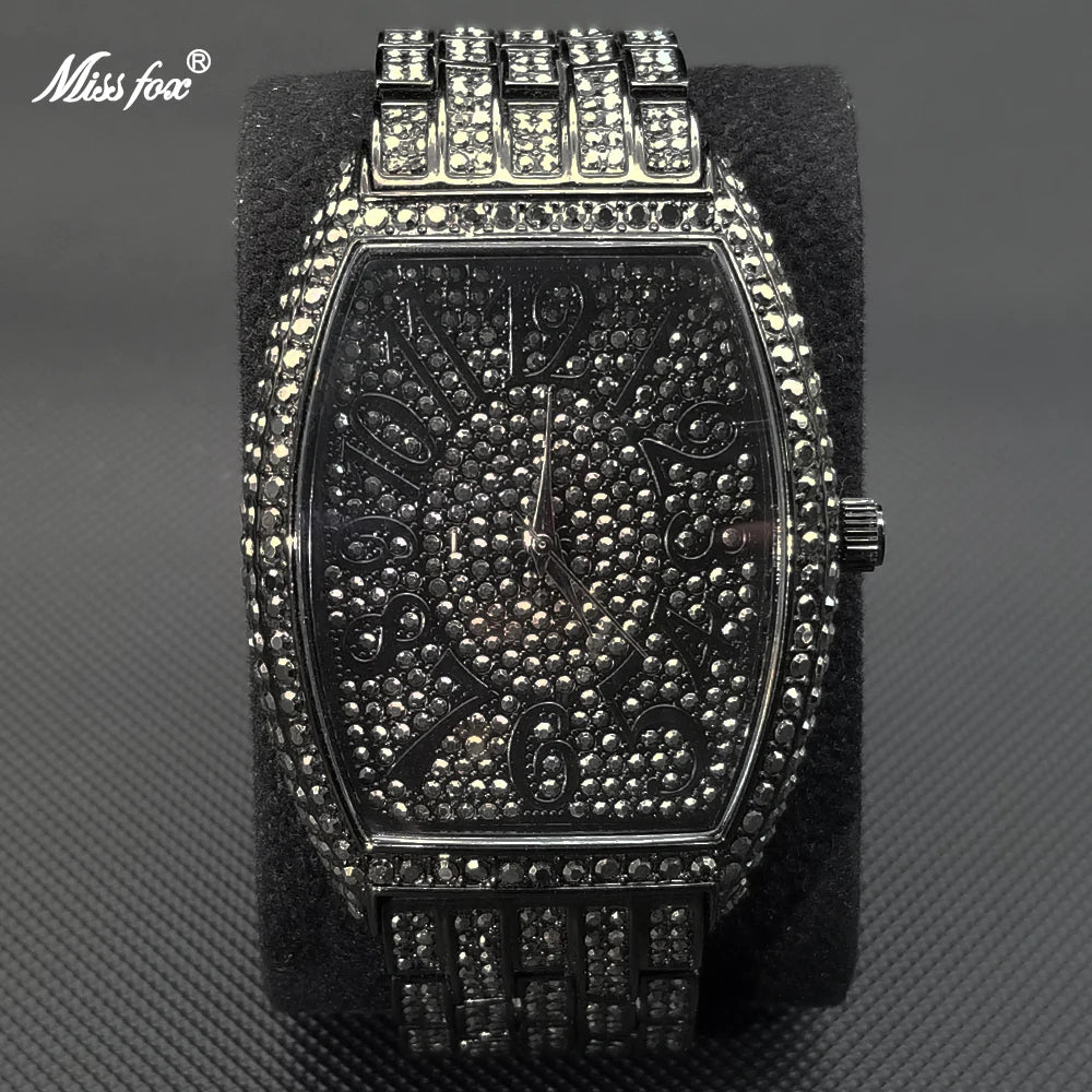 Luxury Ice Out Mens Watches Popular Tonneau Full Diamond Silver