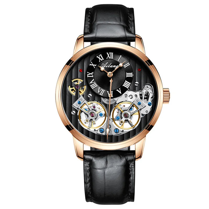 AILANG Double Tourbillon Men Watches Leather Wrist Mechanical Watches Automatic