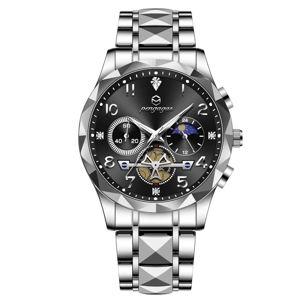 PENGAGAR Luxury Man Wristwatch Chronograph Waterproof Luminous Men Watch Stainless Steel