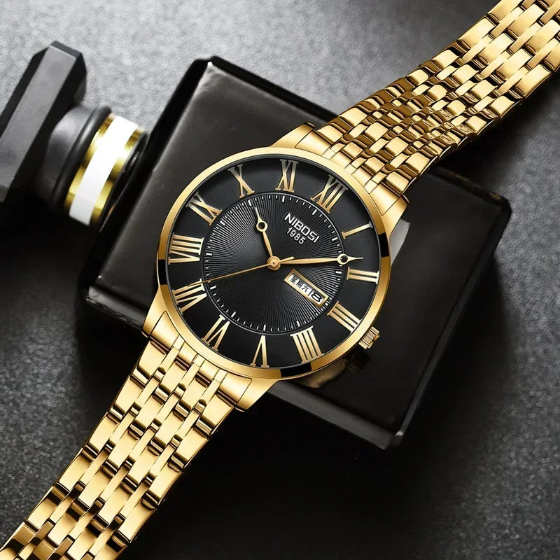 NIBOSI Fashion Simple Men Watch Slim Steel Week Date Waterproof Gold