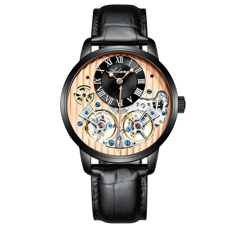 AILANG Double Tourbillon Men Watches Leather Wrist Mechanical Watches Automatic