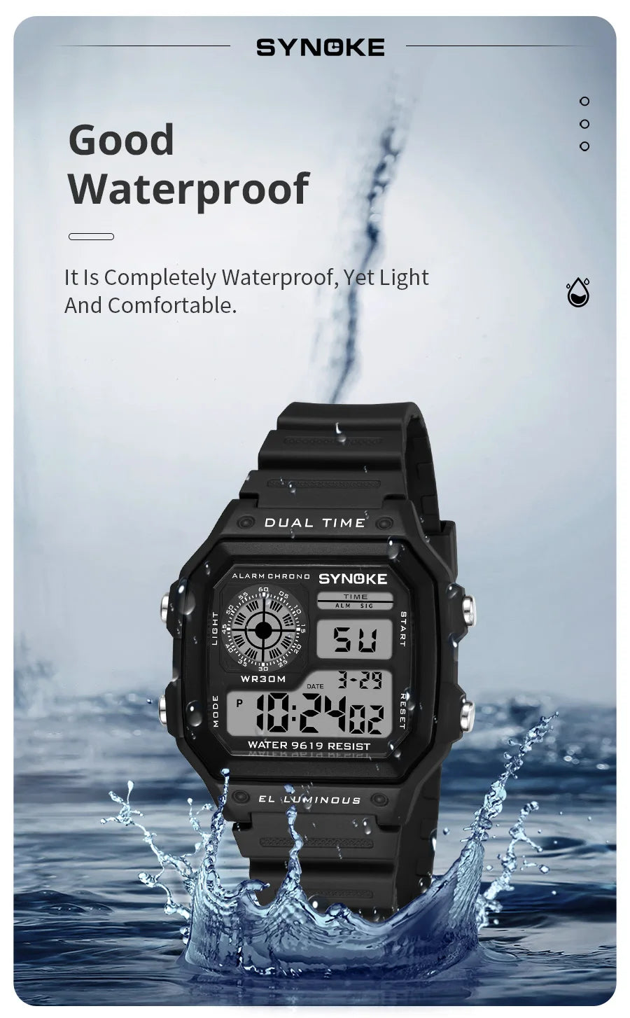 Luminous sports digital watch, waterproof.