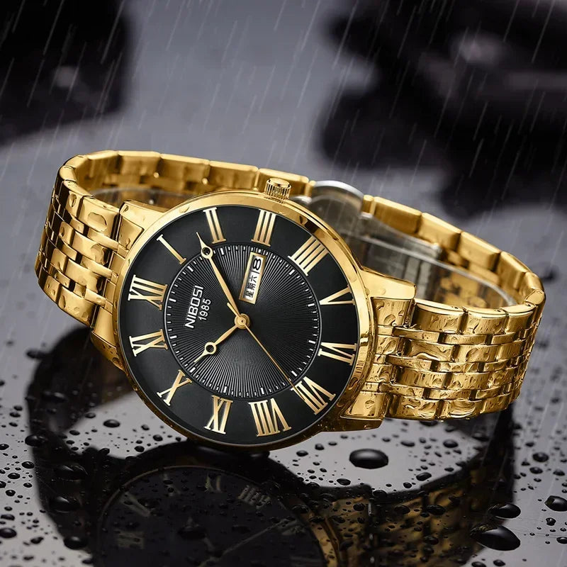 NIBOSI Fashion Simple Men Watch Slim Steel Week Date Waterproof Gold