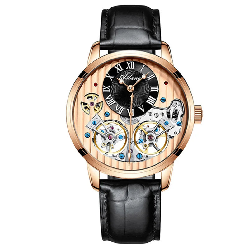 AILANG Double Tourbillon Men Watches Leather Wrist Mechanical Watches Automatic