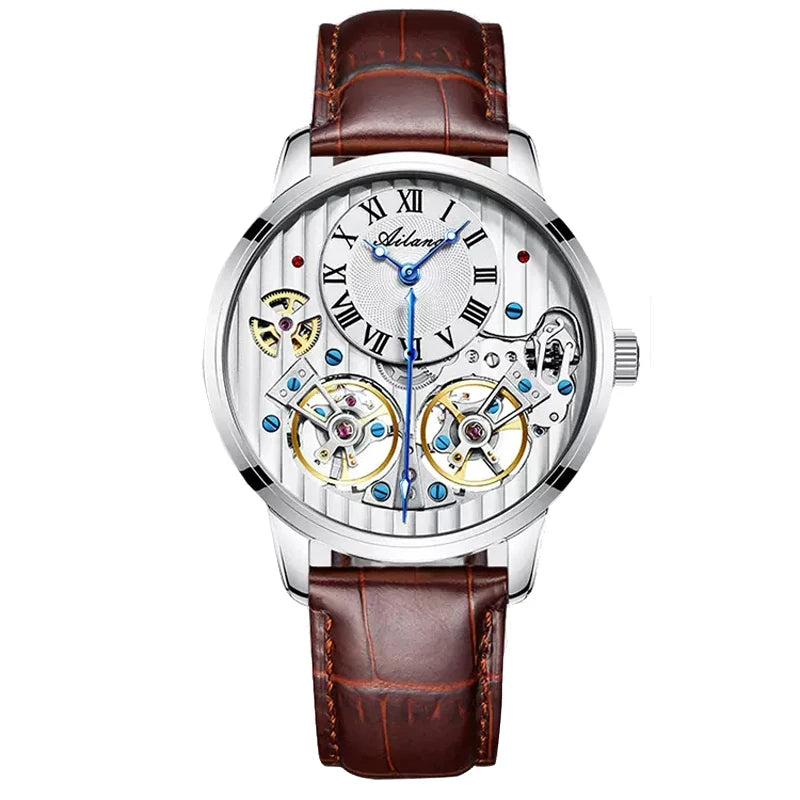 AILANG Double Tourbillon Men Watches Leather Wrist Mechanical Watches Automatic