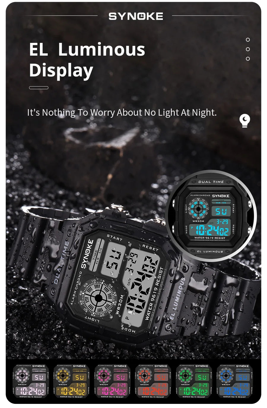 Luminous sports digital watch, waterproof.