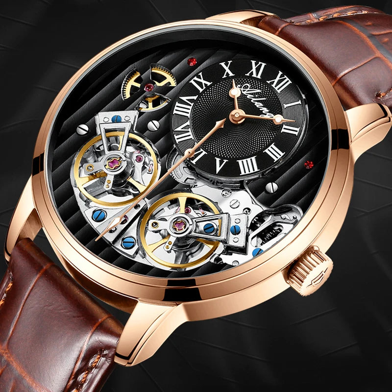 AILANG Double Tourbillon Men Watches Leather Wrist Mechanical Watches Automatic