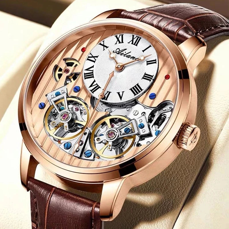 AILANG Double Tourbillon Men Watches Leather Wrist Mechanical Watches Automatic