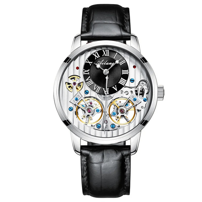 AILANG Double Tourbillon Men Watches Leather Wrist Mechanical Watches Automatic