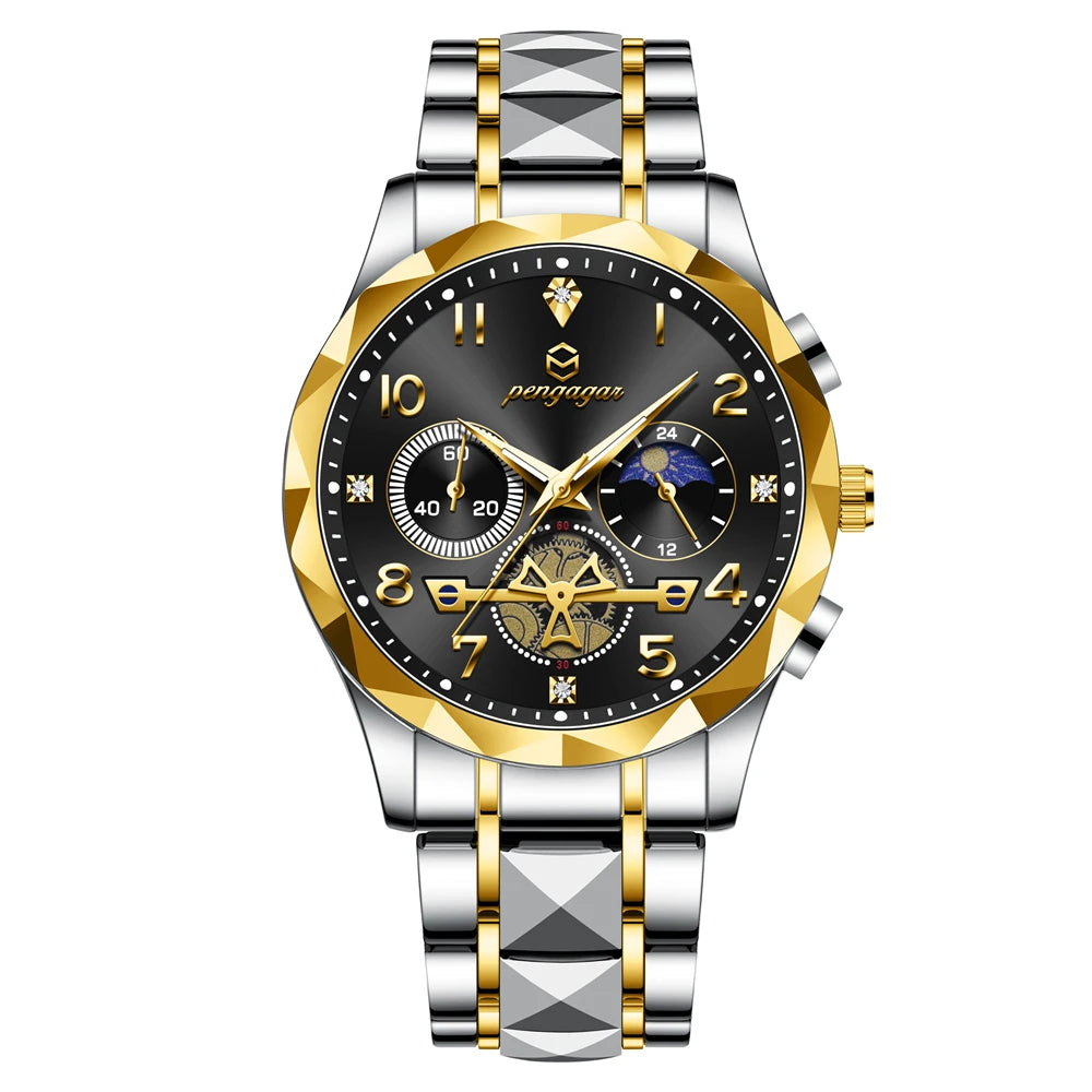 PENGAGAR Luxury Man Wristwatch Chronograph Waterproof Luminous Men Watch Stainless Steel